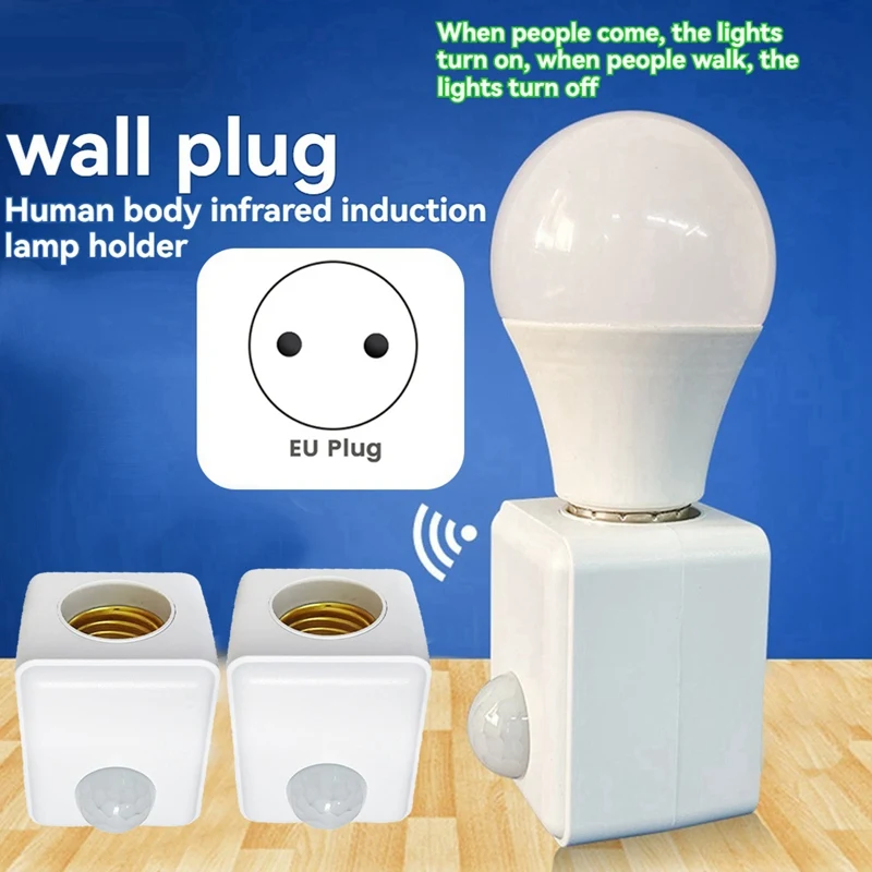 2Pcs Motion Sensor Light Socket E27 Motion Detector Lamp Holder Socket Automatic Human Infrared Sensor Lamp Holder  EU Plug