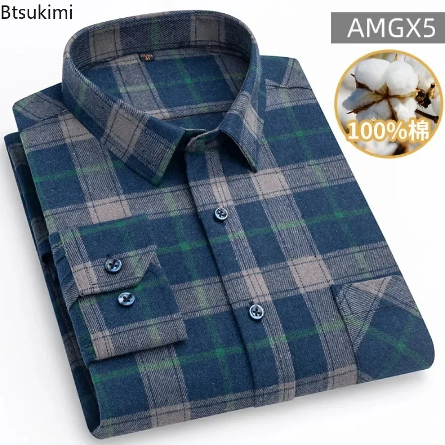 New2025 Men's Cotton Plaid Long Sleeve Shirts Tops Pocket Design Casual Tops Slim Fit 100% Cotton Men's Casual Shirts Men Shirt