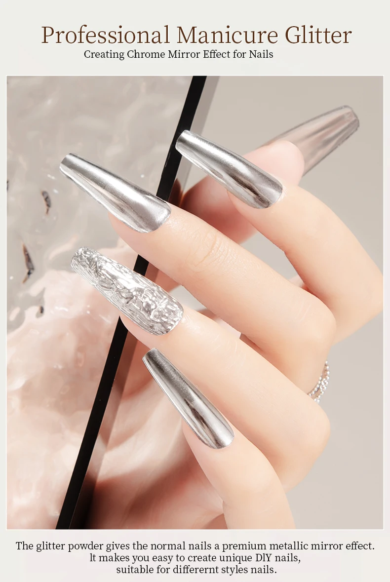 RS Chrom-Nagelpulver, holografischer magischer Spiegel, metallisch, golden, silbrig, reibend, Nagelkunst, Glitzerstaub für Nageldesign-Dekoration – Detail 8