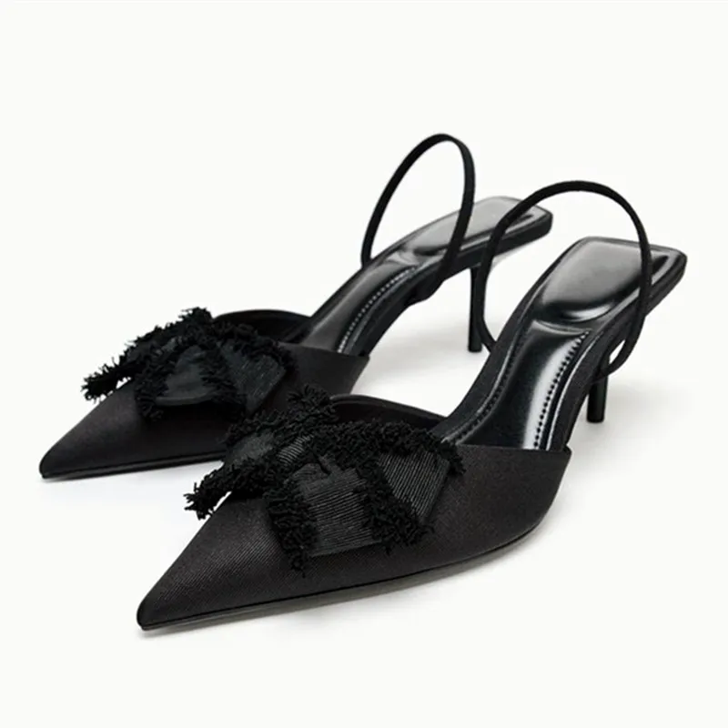 

Black Butterfly Knot Decoration Slingback High Heels for Ladies Sexy Pointed-Toe Satin Pumps Women Elegant Party Office Shoes