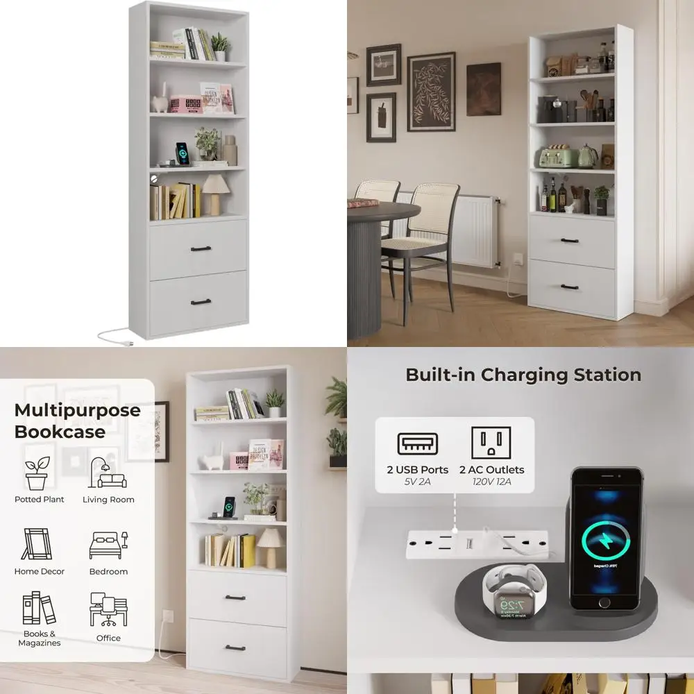 خزانة كتب طويلة مكونة من 4 طبقات مع منافذ شحن USB، ودرجين للتخزين ومنظم رف العرض #1