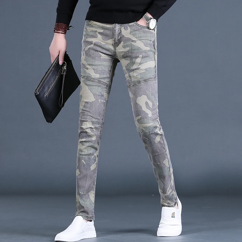 Autumn Men\'s Camouflage Jeans Casual Slim Fit Straight Leg Pants Streetwear Fashion Cotton Army Green Denim Trousers CP2071