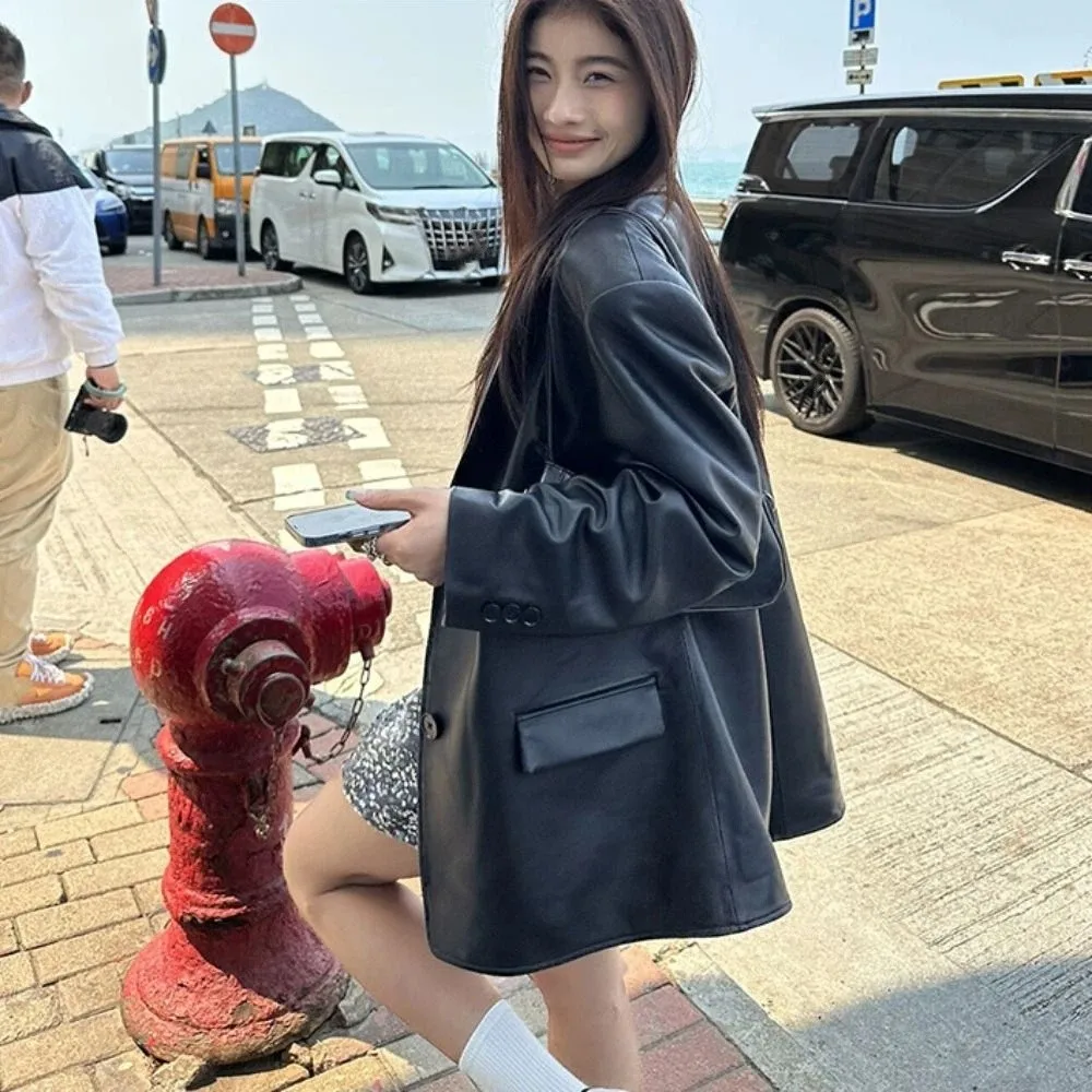 

Милая кожаная куртка с воротником с лацканами, женская верхняя одежда, костюм в стиле ретро, кожаная куртка, корейский шик, свободные винтажные пальто из искусственной кожи, уличная одежда