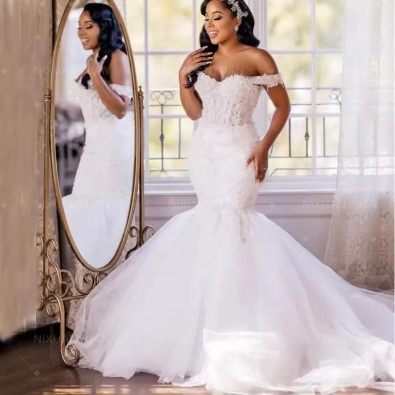 

Elegant African Mermaid Wedding Dresses for Bride 2024 Off Shoulder Lace Up Closure Sweep Train Beaded Bridal Gowns