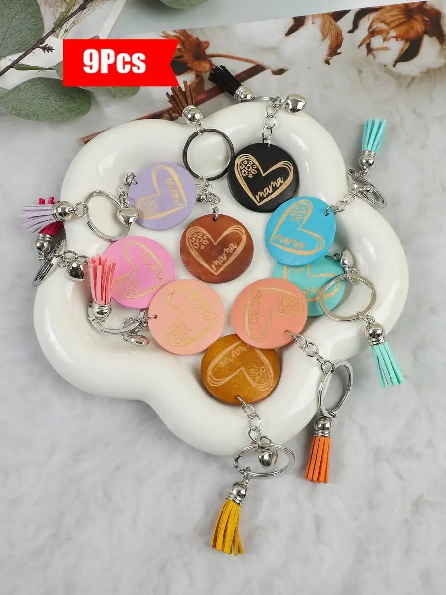 

9Pcs Colorful Wooden Heart Keychains With Tassels For Mothers Day Gift