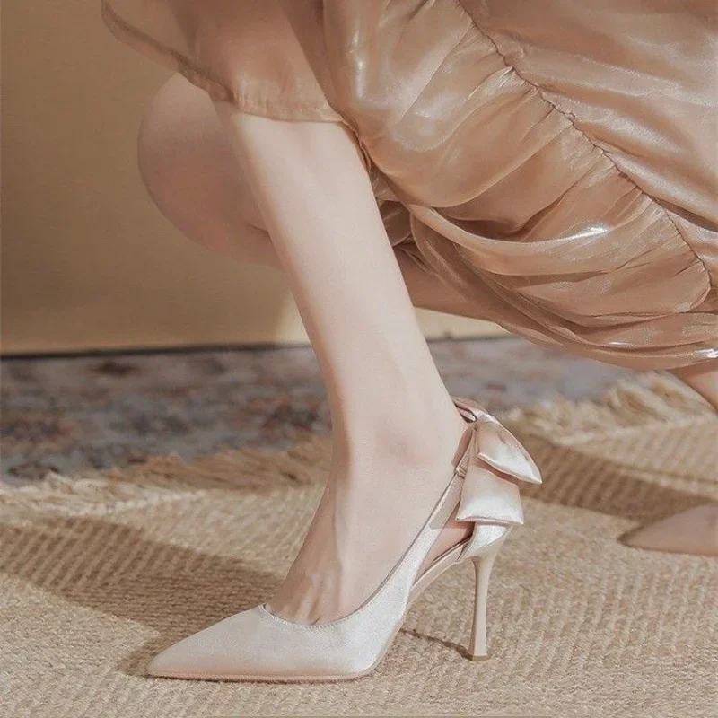 Sandals for Women Stiletto Bow Ladies Shoes Pointed Toe Footwear Party Weddings Summer Thin Heels Daily Korea Sale Original