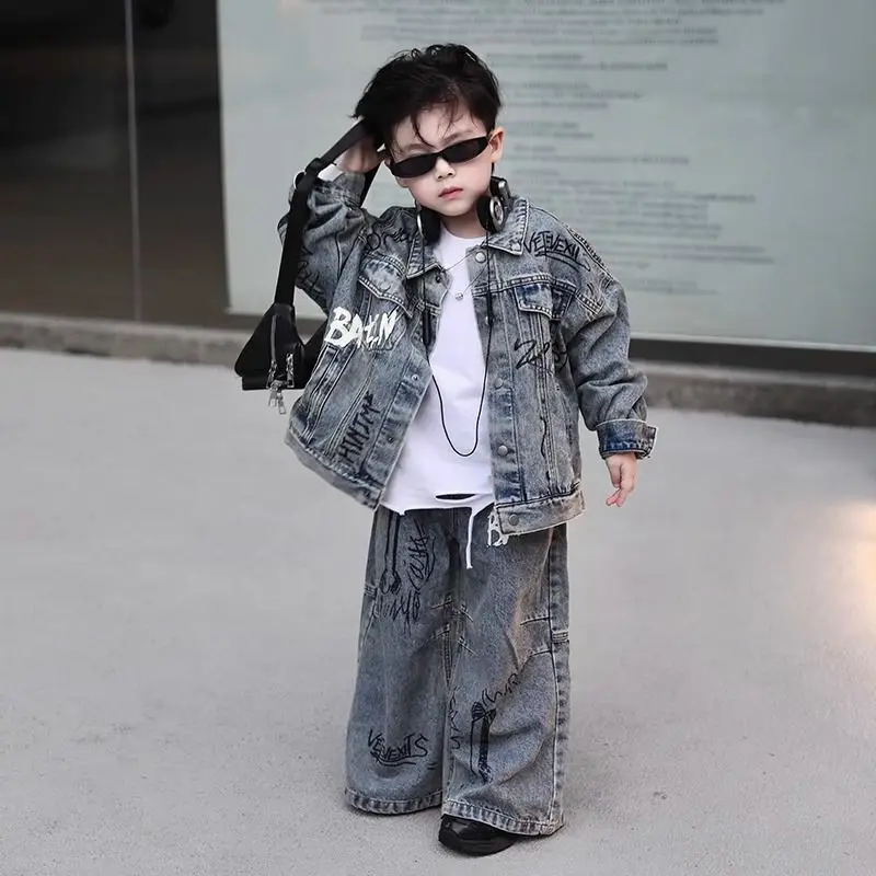 Boys' Sets Autumn Denim Jacket Jeans Two-piece Suits 2024 New Retro Children's Korea Style Coat Graffiti Letters Street Sets