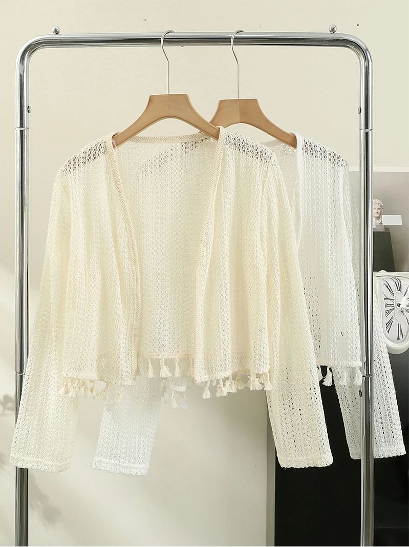 French Style Hollow Out Knitted Cardigans Women Summer Long Sleeves Tassel Thin Sling Dress Shawl Ethnic Style Sunscreen Shirt