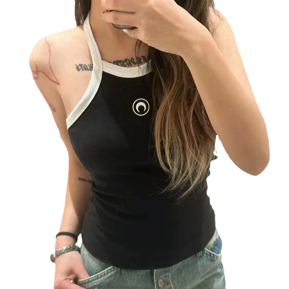 Women Slim Fitting Vest Summer Fashion Moon Embroidery Elastic Casual Street Wear Versatile Solid Color Tank Top