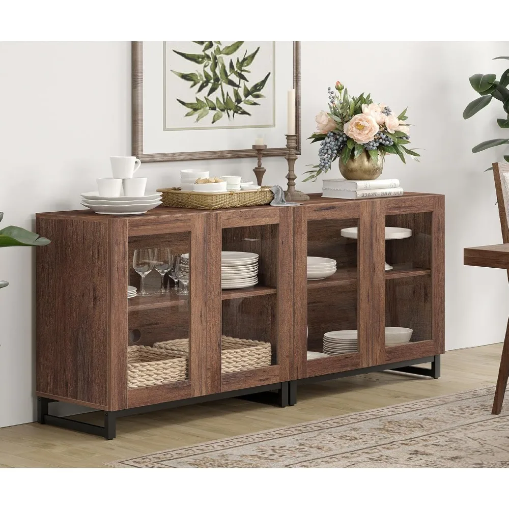 

63'' Sideboard Buffet Cabinets with 4 Glass Doors, Modern Sideboard with Adjustable Shelf, Coffee Bar