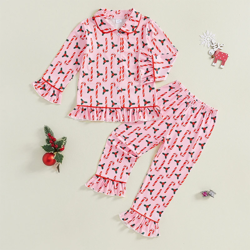 Girls Christmas Pajama Sets Long Sleeve Lapel Candy Cane/Santa Claus Print Shirt Pants Sleepwear