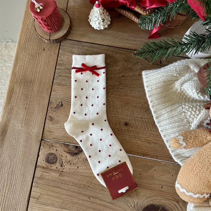 3 Pairs Ladies Bow Sock Festive Red Wave Dot with Three-dimensional Bow,Winter All-match Pile Sock,Suitable for Christmas