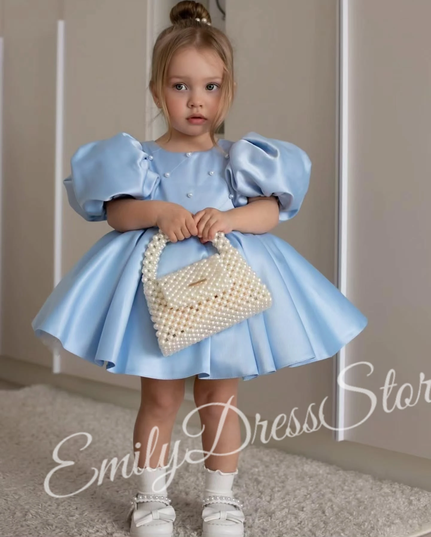 

Небесно-голубое платье с цветочным узором для девочек на свадьбу, атласное платье длиной до колена, пышное бальное платье для маленьких детей на день рождения, первое причастие