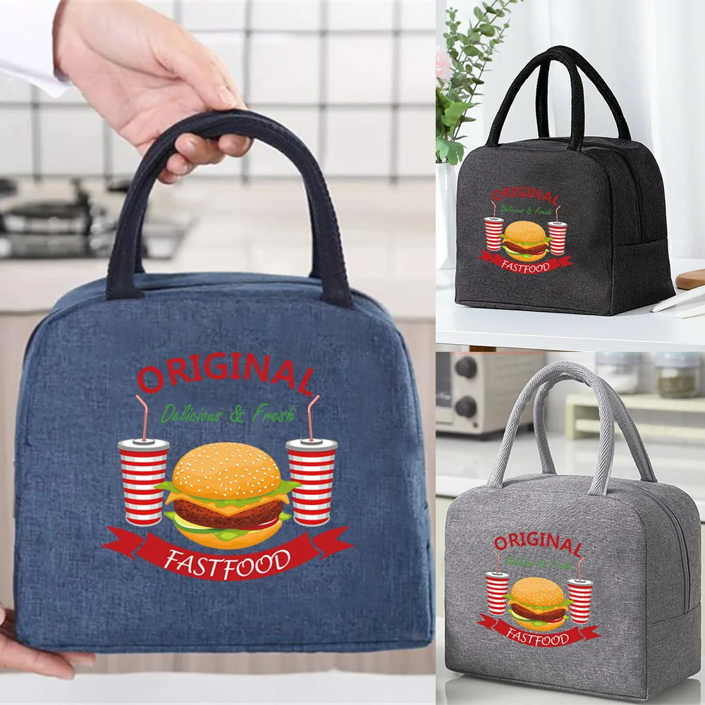 

Canvas Insulated Lunch Bag for Women Large Handbags Office Travel Nurse Kids Hamburger Print Organizer Shopper Storage Bags