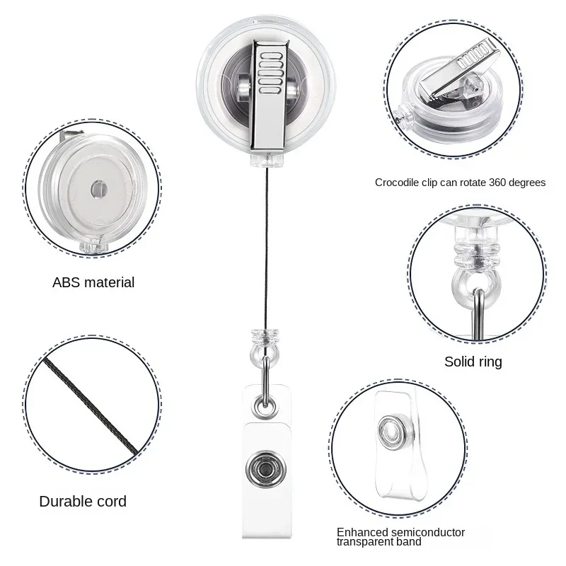 Clips de tarjeta de trabajo translúcidos retráctiles, carrete de identificación, soporte de insignia, llavero, estilo