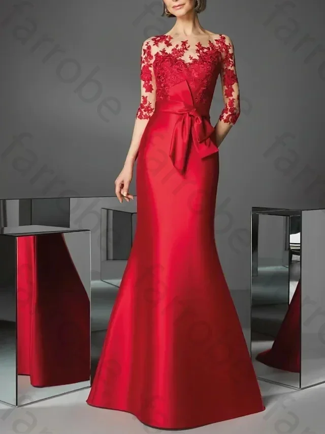 Customized Elegant Mermaid Long Red Satin Mother of the Bride Dresses Sheath Pleated Lace Floor Length Mother of Groom Dress