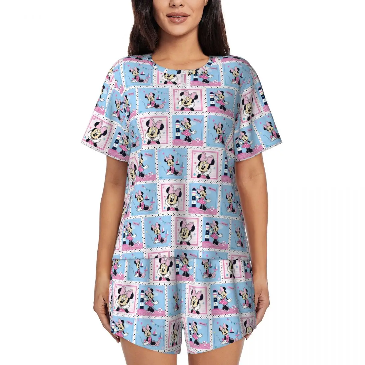 

Womens Minnie Mickey Mouse Cartoon Animation Pajamas Set Custom Print Two-piece Pj Sets Short Sleeve Sleepwear Loungewear