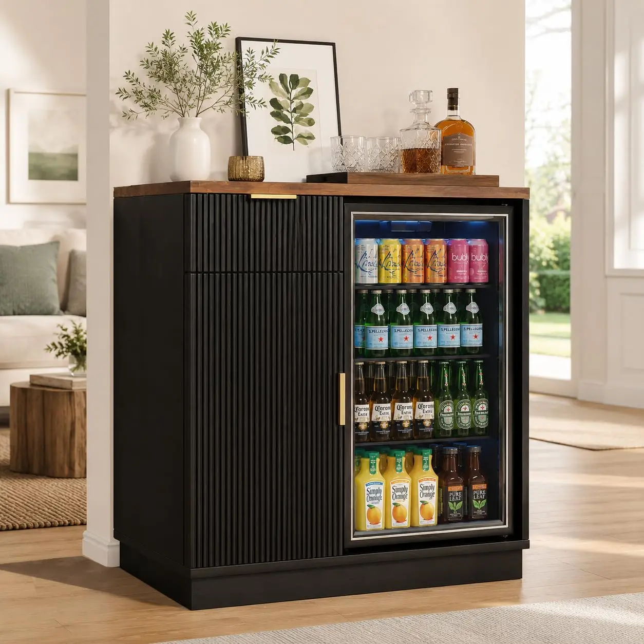 Coffee Bar Cabinet With Mini Fridge Space & Charging Station, Fluted Beverage Center With Drawer & Adjustable , Customized