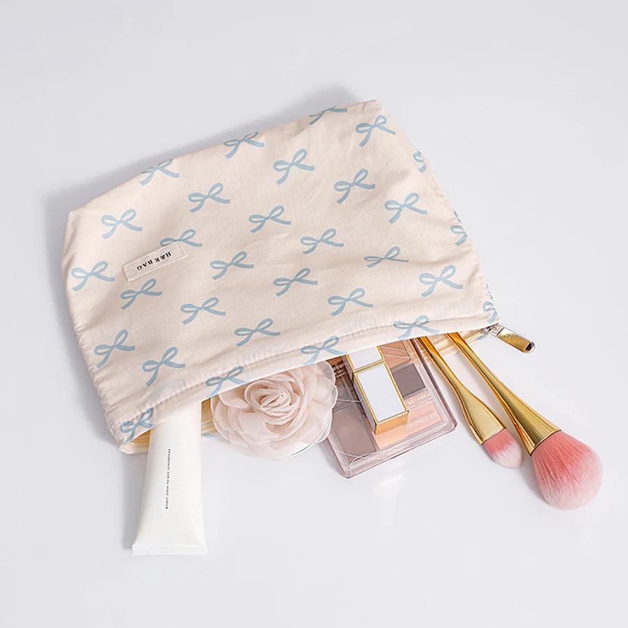 حقيبة مكياج بسحاب مطبوع عليها نمط فيونكة مصممة بشكل بسيط، حقيبة تخزين مستحضرات التجميل خفيفة الوزن ومتعددة الوظائف للنساء