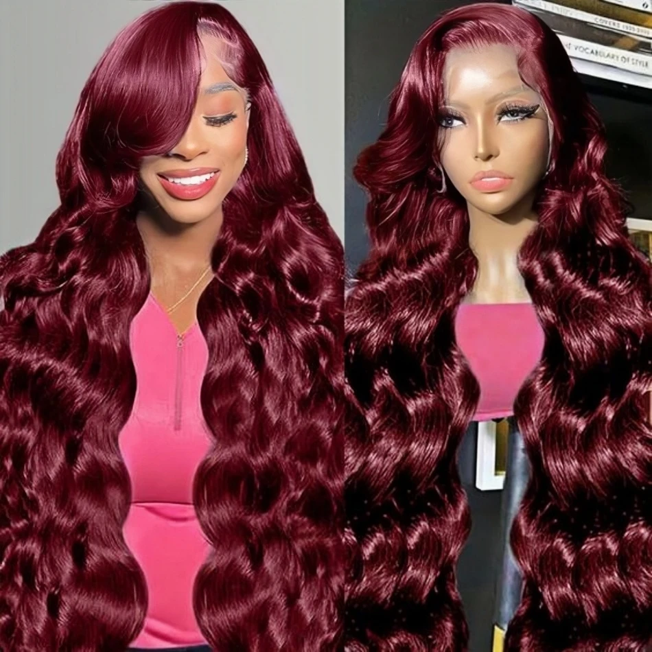 Perruque Lace Front Wig Body Wave Naturelle pour Femme, Cheveux Humains, Bordeaux 99J, 13x6 HD, Pre-Plucked, Transparent, 13x4