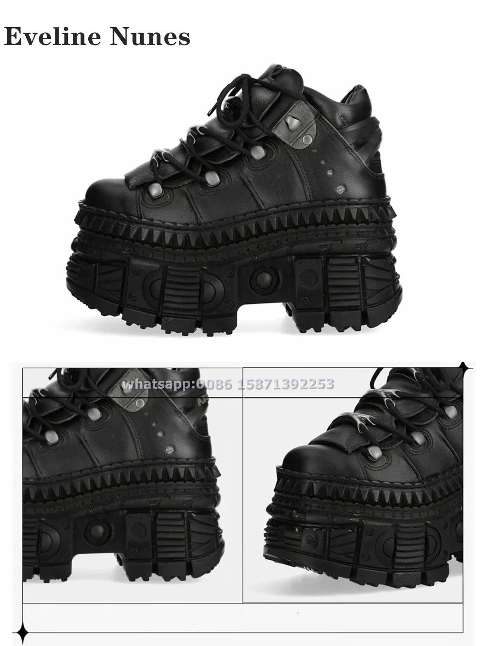 Platform Rivet Lace Up Punk Pumps Round Toe Height Increasing Heavy Metal Cool Dark Motorcycle Boots Black Couple Sneakers 2024