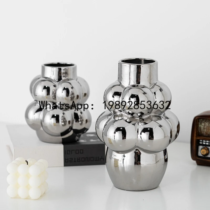 

Creative Bubble Ball Silver Ceramic Vase Geometric Sphere Flower Vase Floral Arrangement Accessories Home Decoration