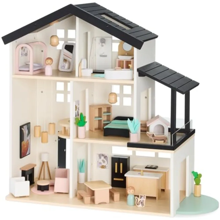 

Best Choice Products Pretend Play Wooden Doll House with 40 Interactive Accessories 3-Story Modern Toy Dollhouse Playset with 6