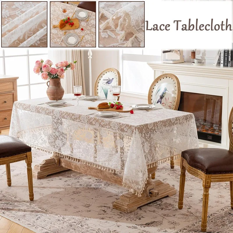 

French Style Rose Willow Pattern Lace Tassel Trim Tablecloth Dust-proof Wear-resistant for Home Hotel Garden Wedding Party Decor
