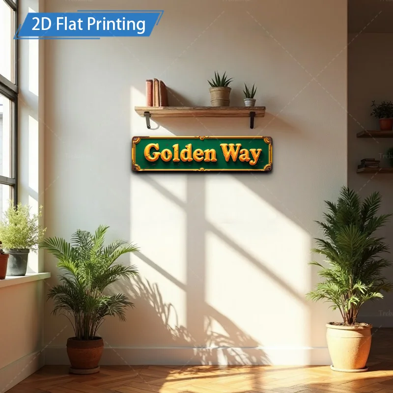 [2D FLAT] 1 قطعة علامة معدنية، 4 × 16 بوصة الطريق الذهبي 2D طباعة مسطحة علامة معدنية جدار ديكور فني