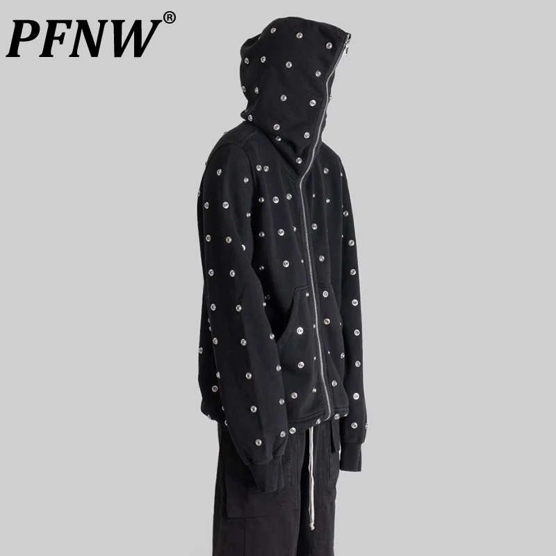 PFNW Men's High Quality New Design Darkwear Rethreaded Punk Multi Rivets Hooded Hoodie Black Unisex Sweatshirt Outwear 28W5673