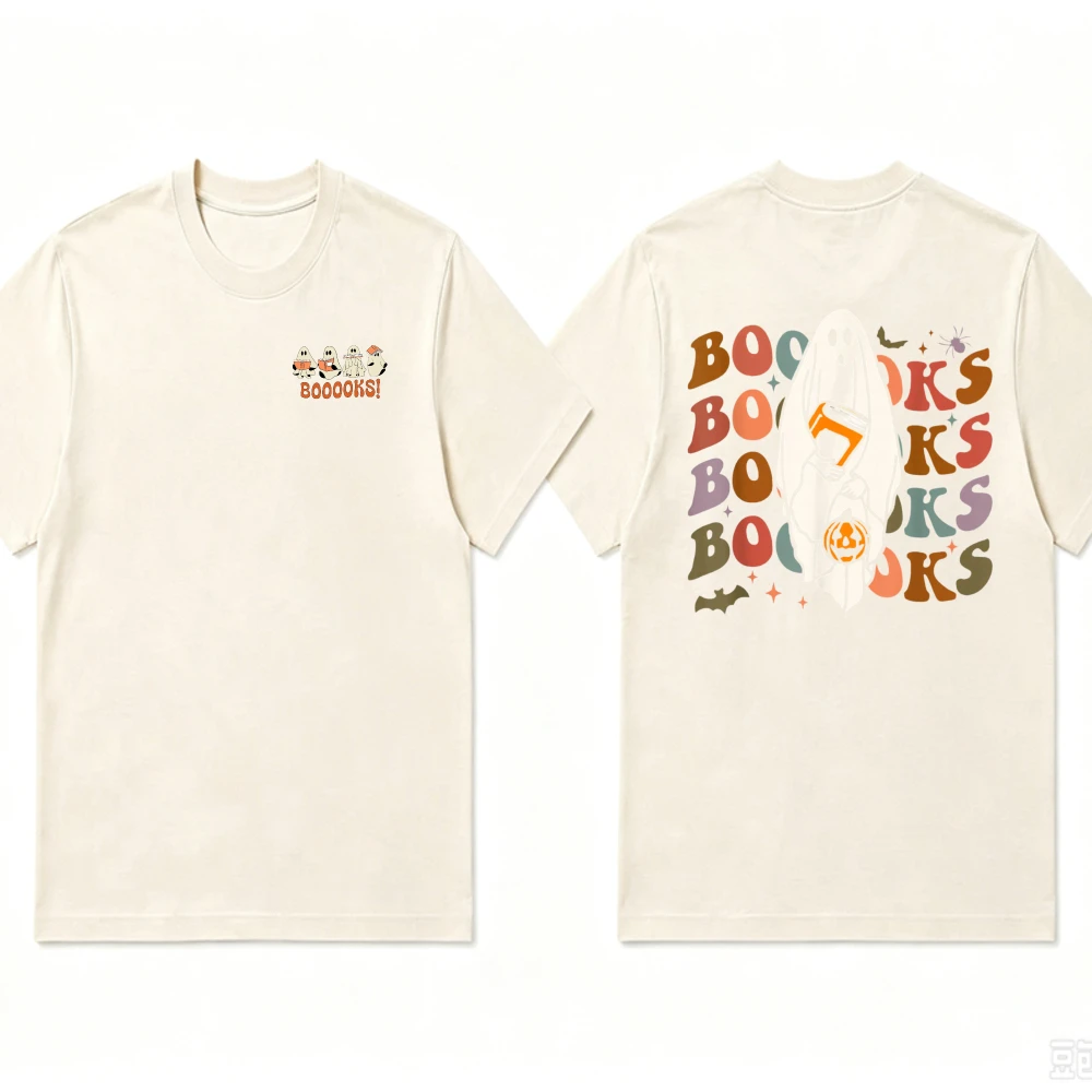 Halloween Books Ghost T‑Shirt Men Women Retro Groovy Letter Print Bat Pumpkin Casual Cotton Top Spooky Fall Season Holiday Gift