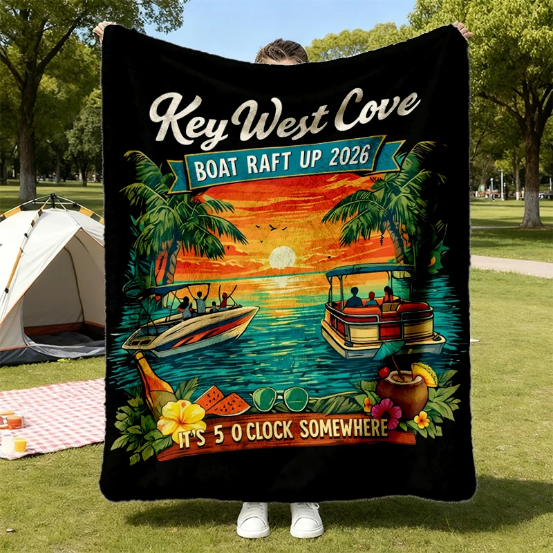 Key West Cove Boat Raft Up 2026 Flannel Blanket - Sunset Boating Flannel Throw, It's 5 O'Clock Somewhere