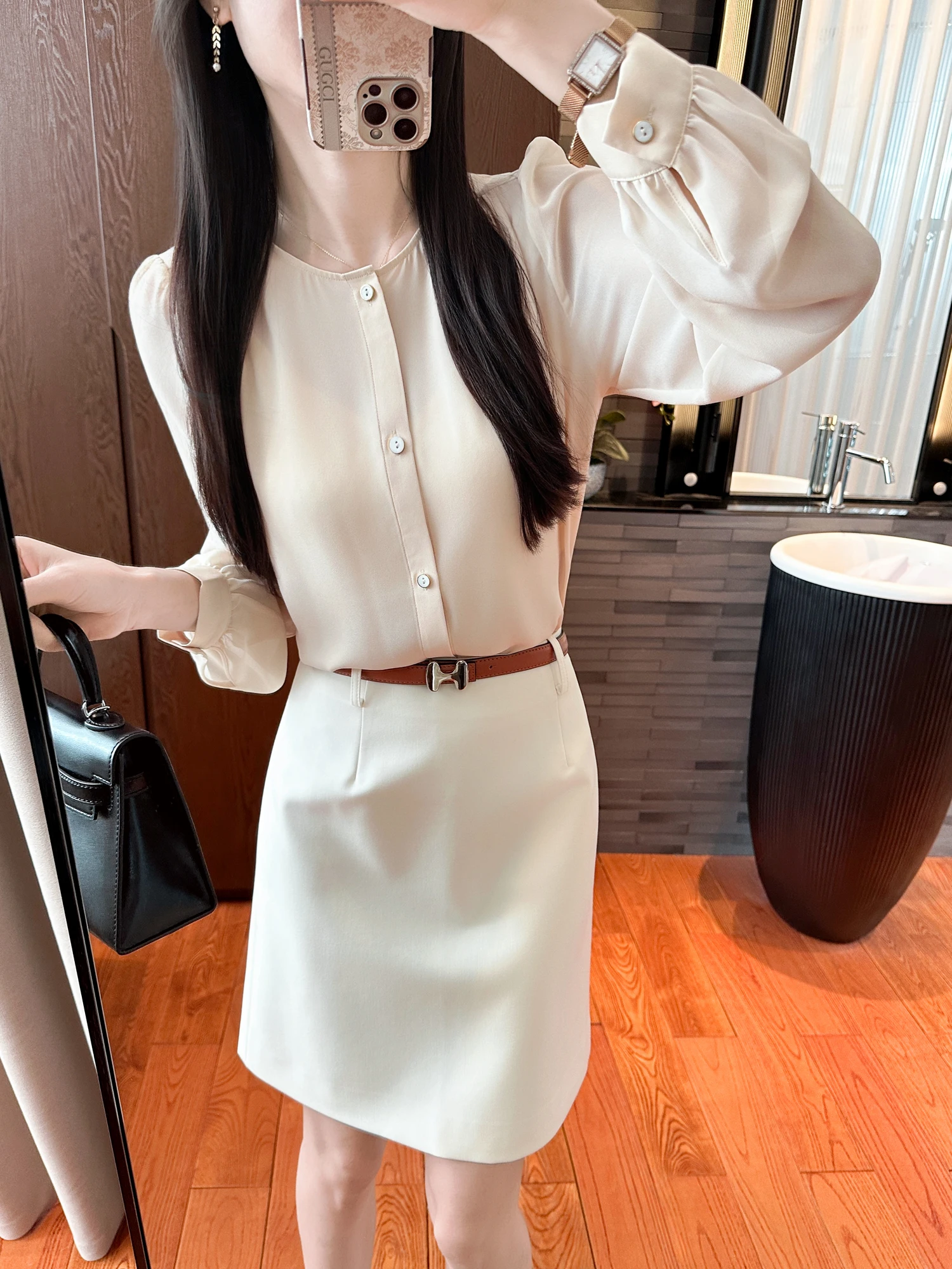 

Office Lady Commute ential! Pear See Color irt Ele Long Sve Button up Loose Fit Women's Premium Quali Blouse