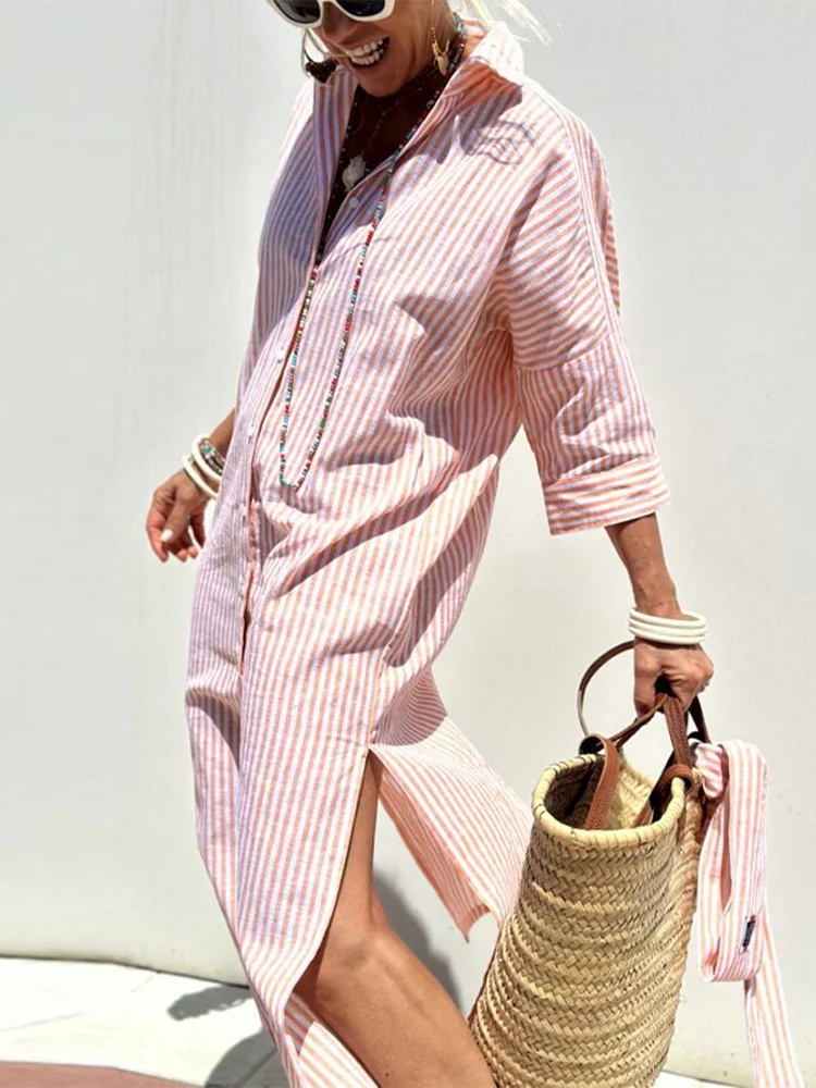 

Autumn Long Sleeve Shirt Dress Elegant Belt Long Gown For Women 2024 Fashion Print Button Lapel Neck Casual Dresses Robe Femme