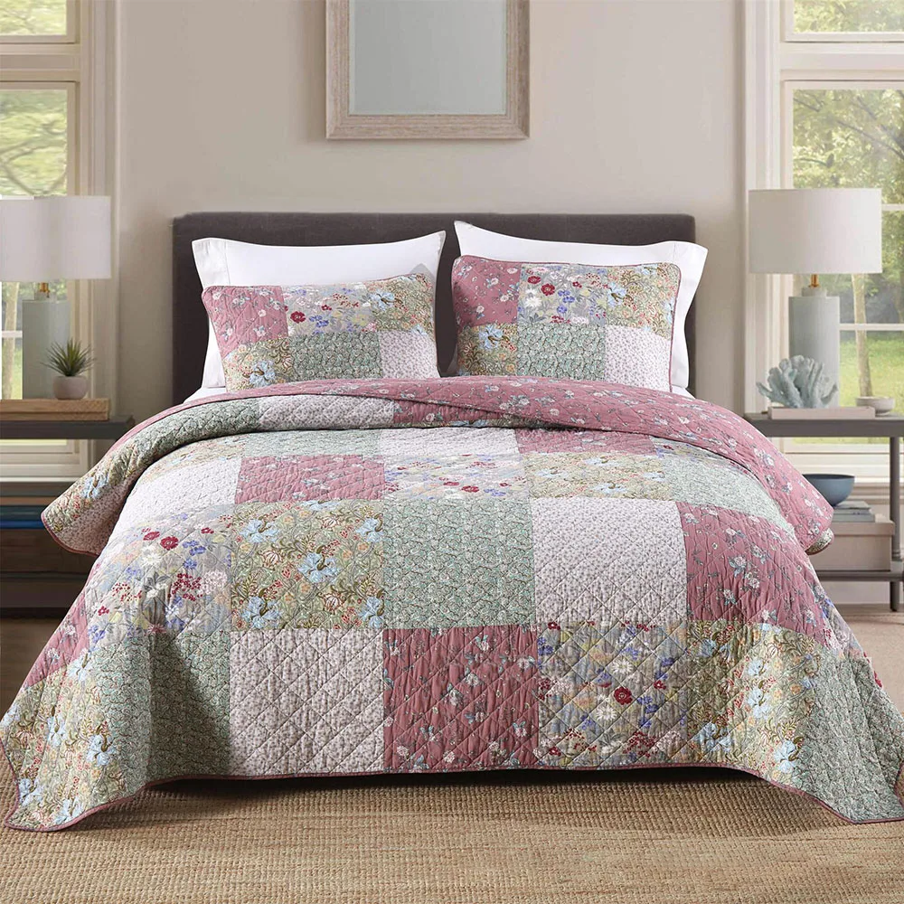 Vintage Patchwork Cotton Quilt Set 3PCS King/Queen Size Bedspread Lightweight Summer Quilted Blanket Coverlet Comforter