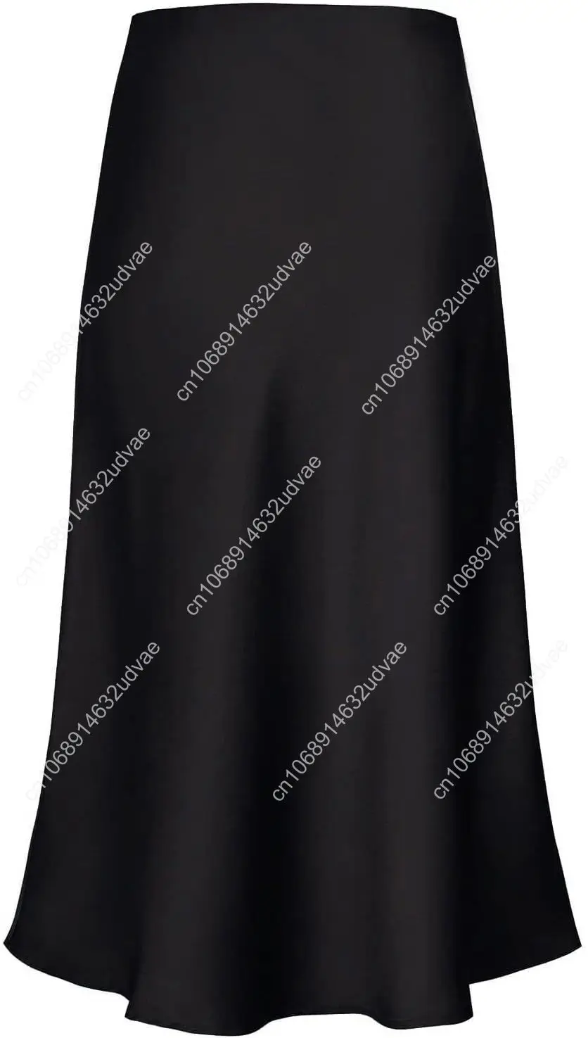 Gonna longuette svasata casual a vita alta in raso da donna con cintura elastica nascosta