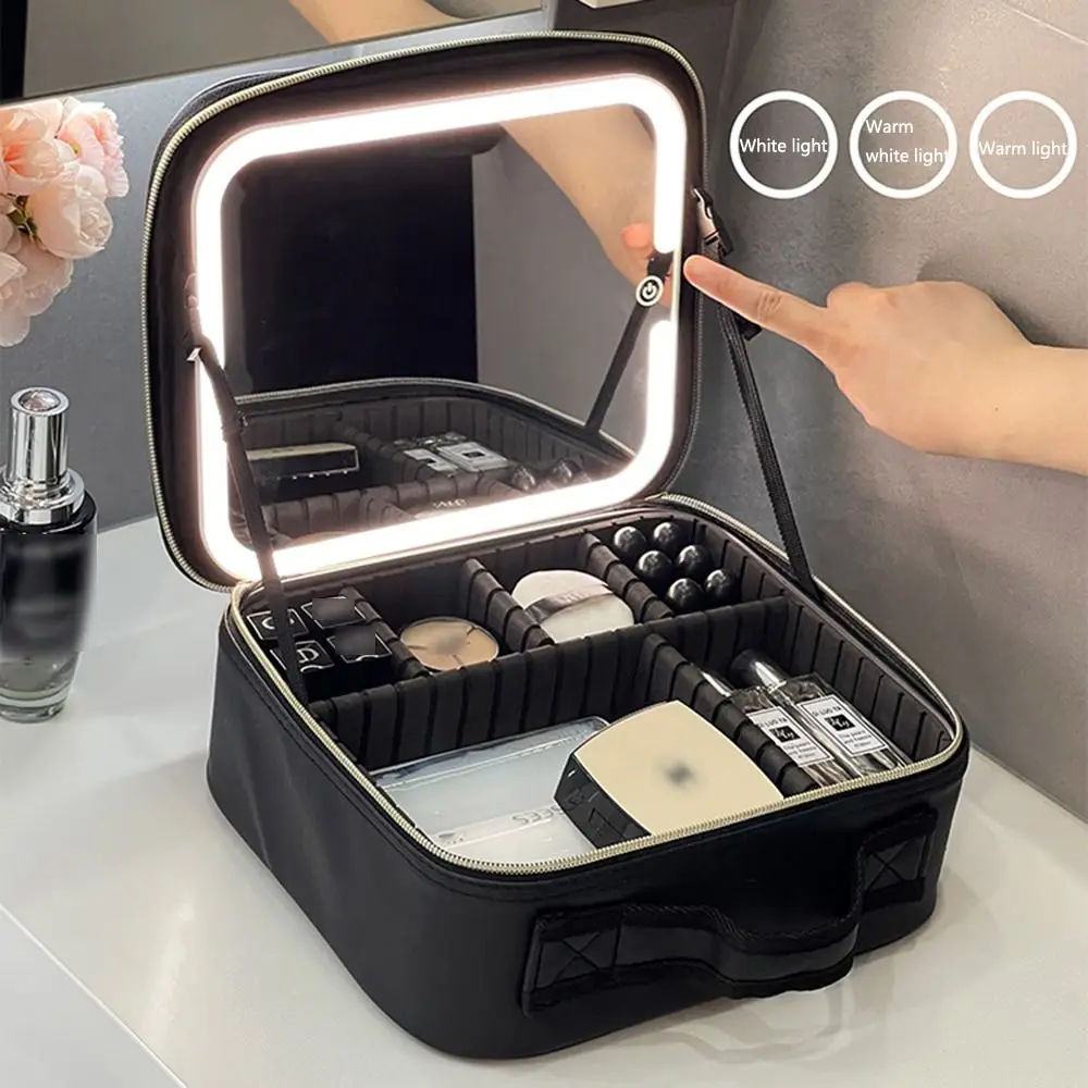 Multi-compartments Makeup Bag with LED Lights Separate Makeup Brush Storage Large Capacity LED Makeup Storage Box Waterproof