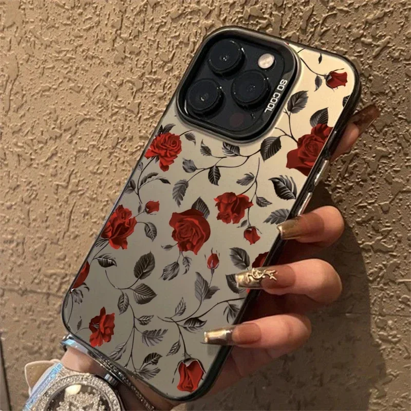 Retro Fashion Red Rose Matte Laser Phone Case For iPhone 15 14 13 12 11 Pro Max XS X XR 7 8 Plus Silver Plated Inside Cover