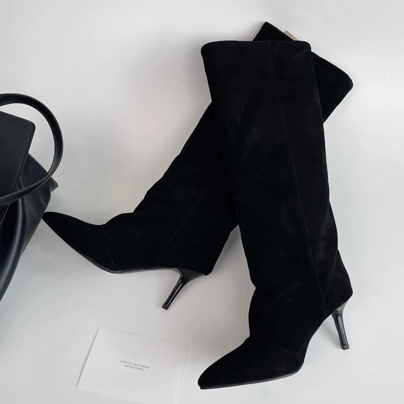 Aneikeh 2026 موضة الشتاء أشار تو الركبة عالية النساء الأحذية رقيقة الكعوب أحذية الإناث التجاعيد الجوارب الطويلة Zapatos De Muje #4