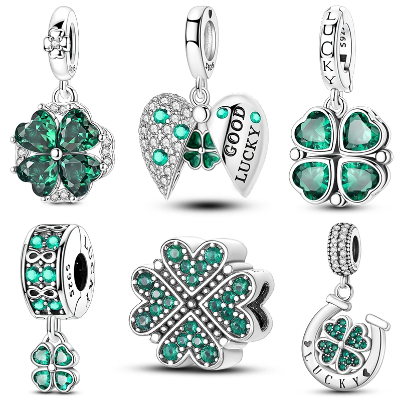 

925 Sterling Silver Green Series Charms Bead Four-leaf Clover Pendants Fit Original S925 Bracelet Necklace DIY Making Gift