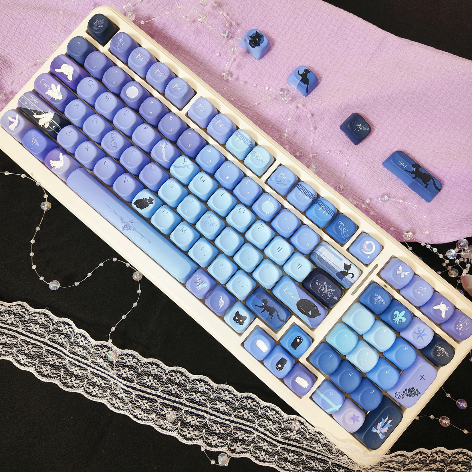 120 Keys Black Purple Rabbit Key CapsCute Gift Keycaps PBT Cherry Profile Keycap Mechanical Keyboard Made68 Mad68 Wooting 60