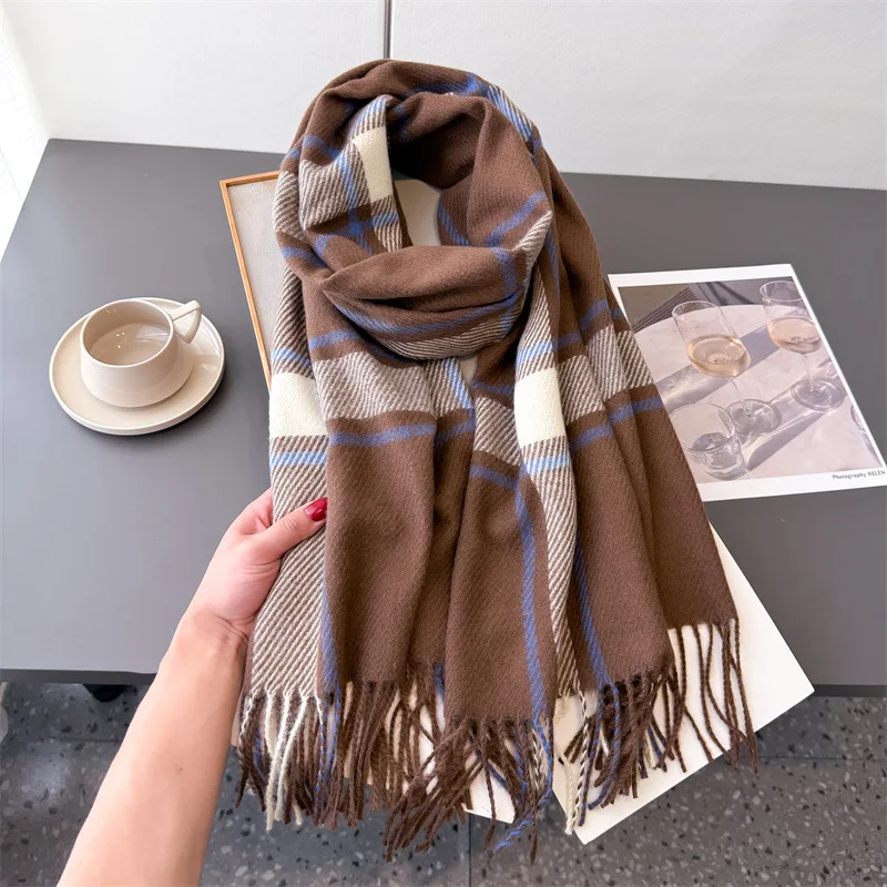 

Женский зимний шарф в клетку в корейском стиле, теплые шали и накидки из искусственного кашемира, утолщенные женские шарфы-одеяла из пашмины