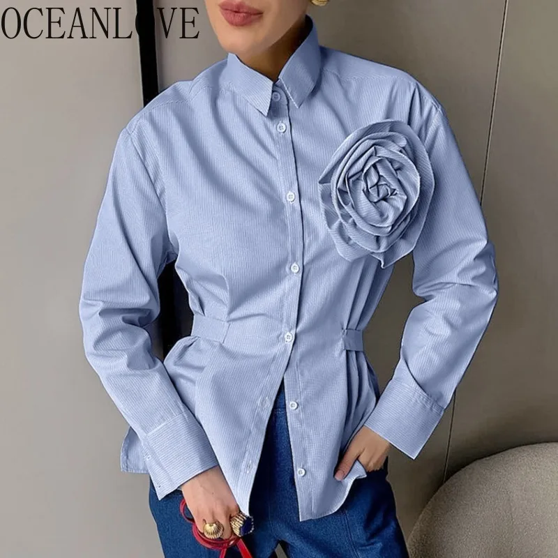 OCEANLOVE Blue Stripes Women Shirts&blouses 3D Flowers Vintage Spring Autumn Blusas Mujer Fashion Elegant Slim Camisas