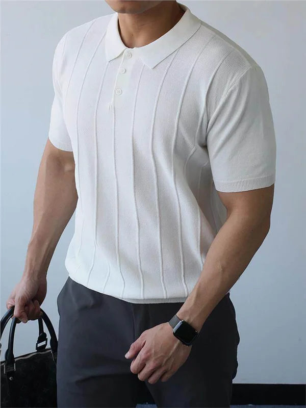 

American Retro Knitted ort Sve irt Men's Summer Busin Casual Turn-down Collar T-irt Faionable Urban Sle