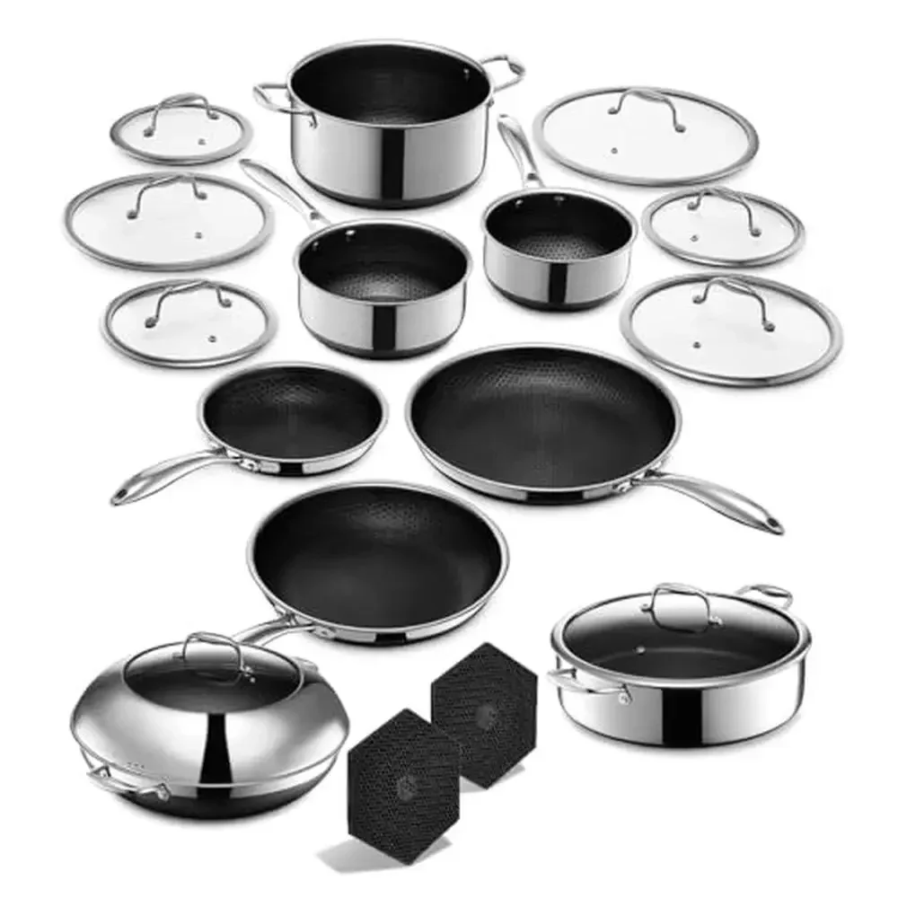 16-Piece Hybrid Stainless Steel Cookware Set Laser-Etched Hexagon Design Non-Stick Surface Stay-Cool Handles Oven Safe Up to