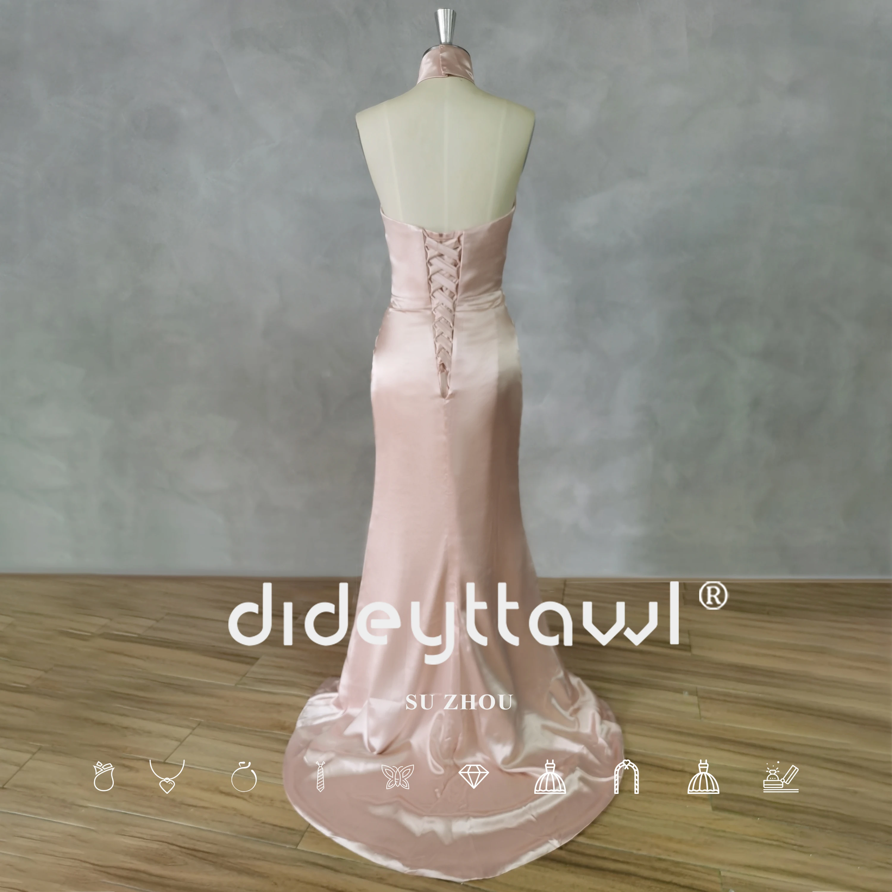 DIDEYTTAWL Real Photos Halter Pleats High Side Slit Prom Dress Sleeveless Mermaid Satin Lace Up Back Evening Gown Custom Made