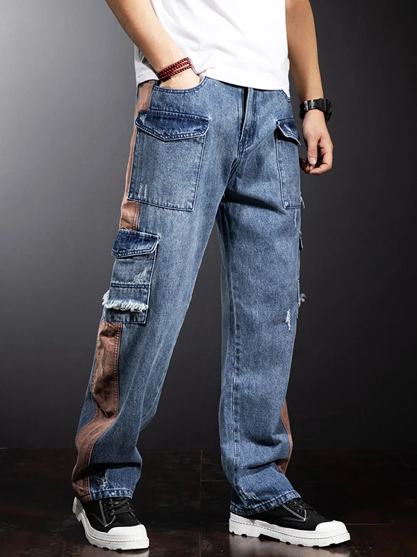 

Men's Loose Wide Leg Jeans Spring Autumn Workwear Sle Patchwork Ripped Denim Pants with kets Trendy Loose Fit Jeans