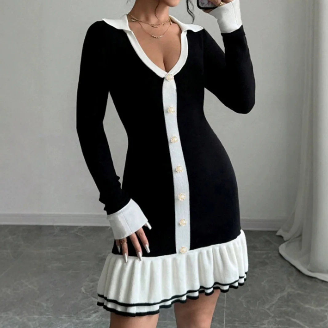 

Elegant Office Lady Dress Autumn Fashion New Knitted Splicing Pleated Hem Deep V-Neck Button Long Sleeve Slim Dresses For Women