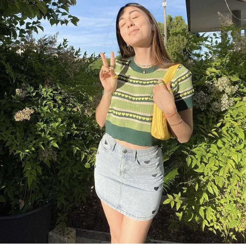 

Love Pattern Knitted T-shirt 2026 Avocado Short-sleeved High-waisted Top