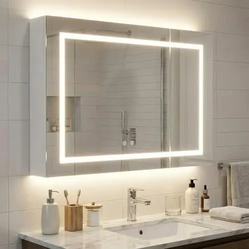 LED Lighted Bathroom Medicine Mirror Cabinet with 3-Color LED Lights, Anti-Fog, Dimmable, Wall Mount, 3-Adjustable